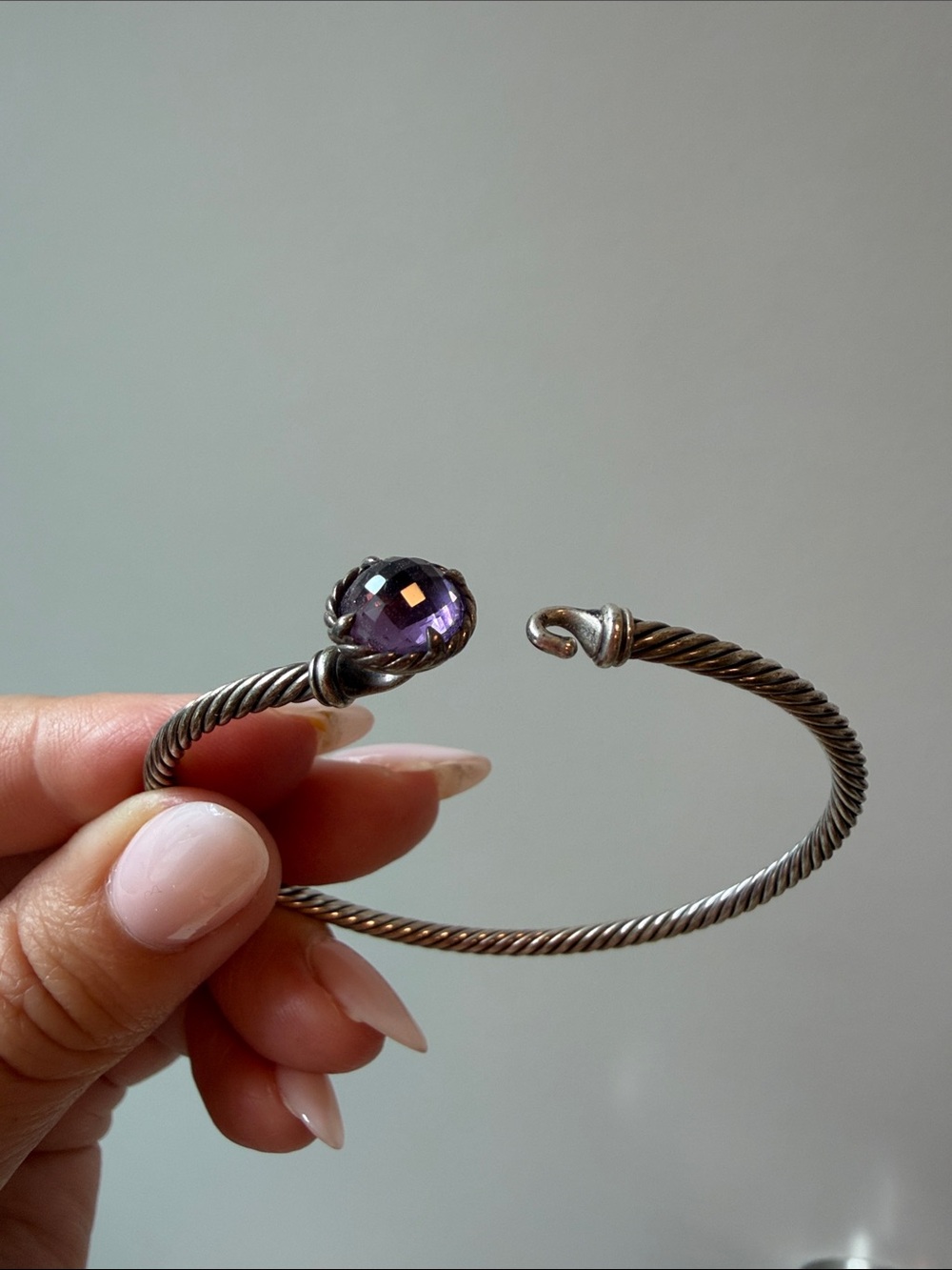 David Yurman Silver Twisted Cable Bracelet with Amethyst stone